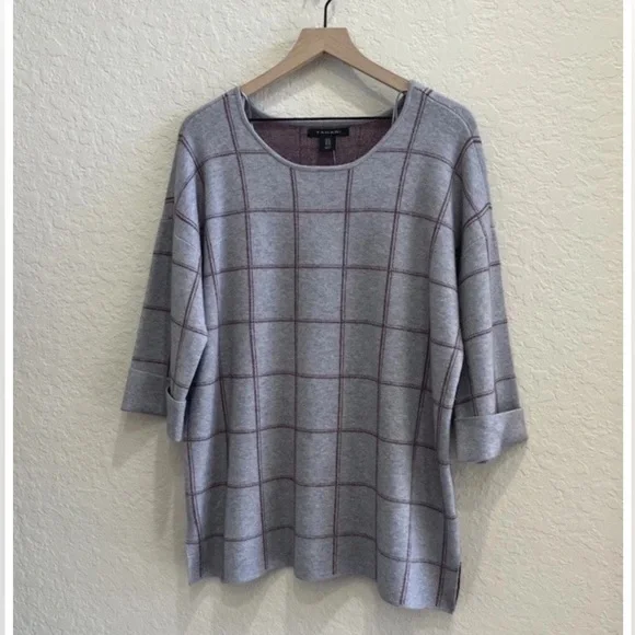 NWT TAHARI Pullover Plaid Tunic Knit Sweater Top 3/4 Sleeves Grey Red Women’s 1X - Picture 1 of 8